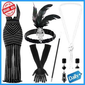 1920s Flapper Costume Set with Rhinestone Dress and Accessories